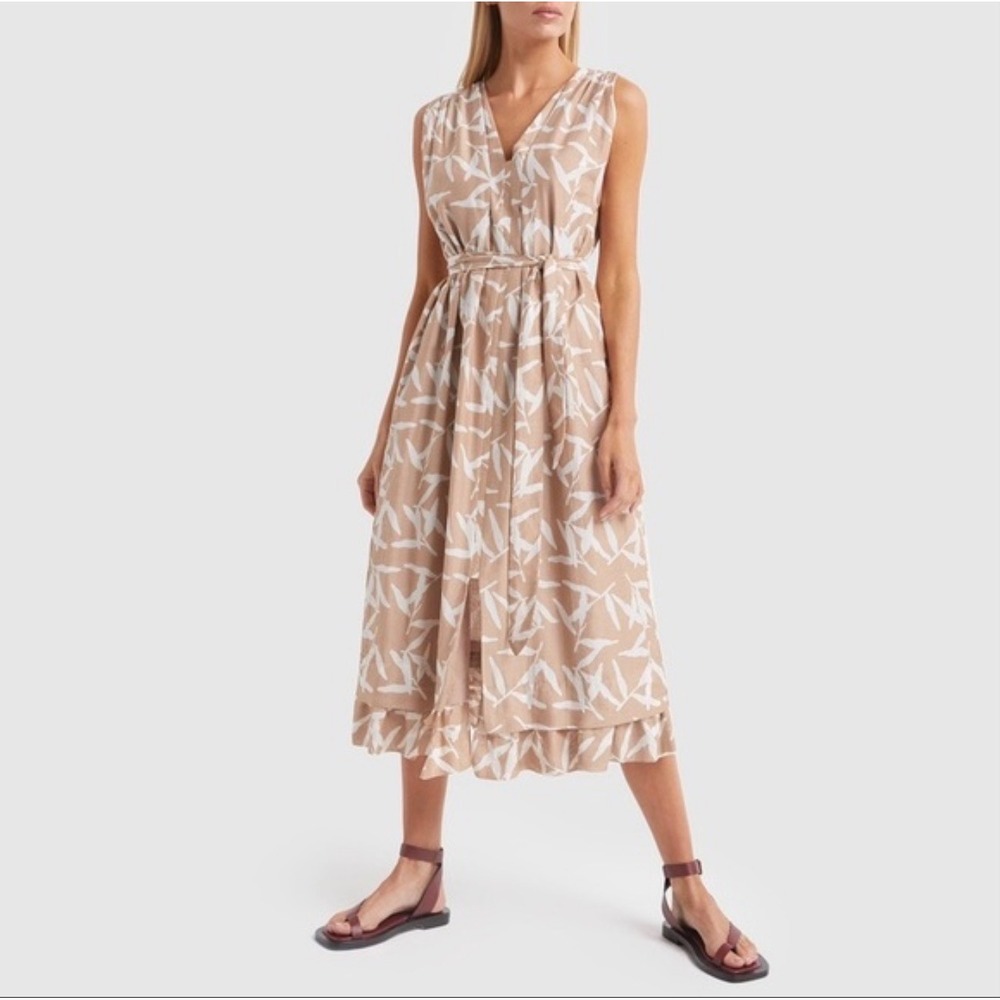 Mirth Marais Dress Desert Sand Leaf Print Cotton Silk‎ Midi Dress Belt Women's M